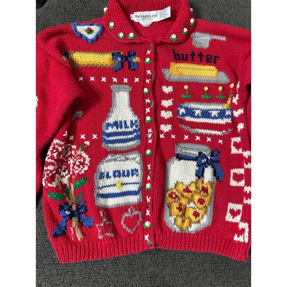 Rare Vintage Eagle's Eye Sugar Cookies Recipe Cardigan Sweater L Hand Knit - Picture 10 of 15
